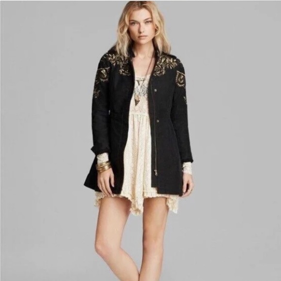 Free People coat Embellished embroidered Sergeant Jacket coat lined 4 charcoal - Picture 3 of 14